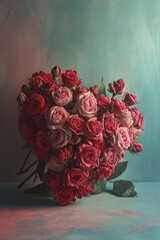 A lush heart-shaped bouquet of red and pink roses presents a timeless expression of love, set against a soothing aqua background
