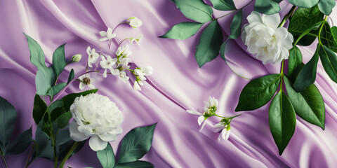 Silky purple fabric provides a luxurious backdrop for an elegant white gardenia and delicate blossoms, creating a scene of natural beauty and sophistication