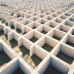 A labyrinthine arrangement of white concrete barriers creating a complex, maze-like pattern with shadows and sandy floor