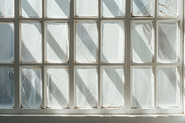 The afternoon sun creates a dynamic pattern of light and shadow on a textured windowpane, giving an artistic feel