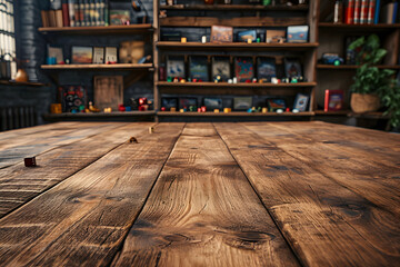 Foreground Wooden Table, Blurred Board Game Cafe Atmosphere