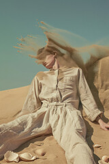 A surreal portrait of a person with sand dispersing as hair on a desert, evoking a dreamlike essence