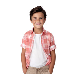 Front view mid shot of a 10-year-old white boy dressed in a coral checkered shirt and khaki shorts, smiling on a white background