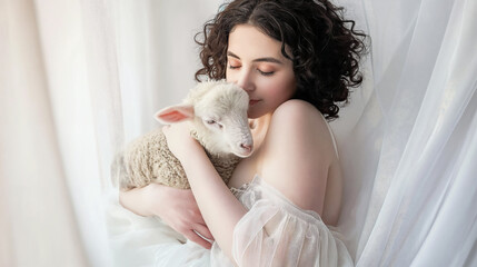 A young woman in ethereal attire tenderly embraces a lamb, symbolizing innocence and softness in a serene setting
