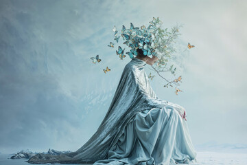 Surreal portrait of a woman with a tree for a head, adorned with butterflies, set against a snowy backdrop