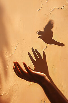 A shadow play on a peach wall, where hands form a bird's silhouette, embodying freedom and the human spirit's lightness