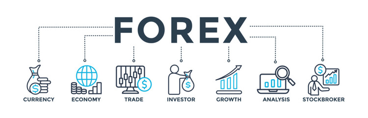 Forex banner concept with icon of currency, economy, trade, investor, growth, analysis and stockbroker. Web icon vector illustration