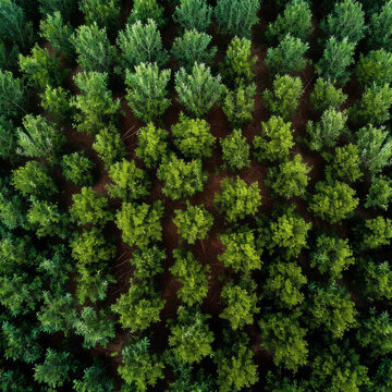 Aerial view of a diverse tree nursery, showcasing various stages of tree growth in a cultivated forest
