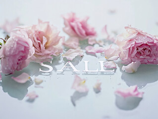 The word "SALE" with pink rose petals and water droplets on a reflective surface, suggesting elegance and freshness