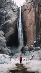 A person in a red jacket facing a towering waterfall surrounded by snow-covered trees and icy terrain