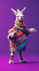 Lama wearing colorful clothes on purple background 
