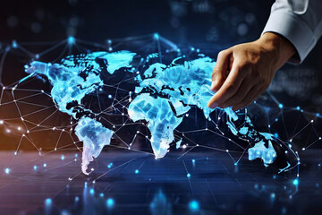 Digital Innovation Hub. Businessman with global network connection, big data analytics, and world...
