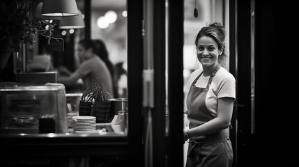 Fototapeta na wymiar a waitress in an apron preparing for customers, while the cafe owner proudly stands at the entrance with an 