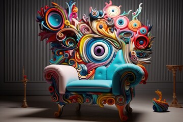 Surreal Artistic Armchair with Colorful Eye Patterns