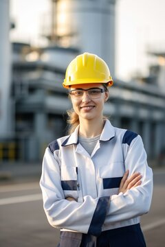 Portrait of a female engineer wearing a hard hat and safety glasses at an industrial facility