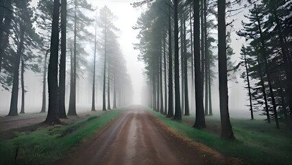 Generative ai. a dirt road surrounded by tall trees on a foggy day, foggy forrest backdrop, fog mads berg, road between tall trees, road, misty wood, mist, beautiful misty wood, foggy forest