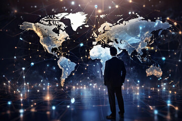 Digital Innovation Hub. Businessman with global network connection, big data analytics, and world map composition. Technology and business intelligence for a connected world.
