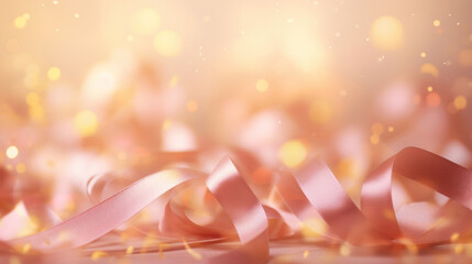 Confetti of golden and pastel pink ribbons on a golden bokeh background. Valentine's day backdrop - Powered by Adobe
