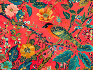 Beautiful Timeless Classic Victorian style Poetic and Hand Painted Retro Fine Art canvas for wallpaper and background with Colorful Peacocks, birds, Flowers and plants, Nature-inspired and floral