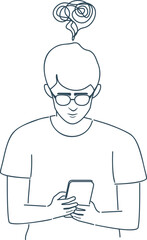 Boy read from smartphone screen line art
