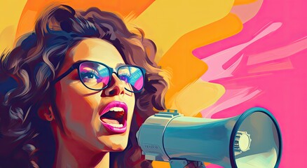 Young woman with dark curly hair and pink glasses holding megaphone. Pop art style background or commercial	 - obrazy, fototapety, plakaty