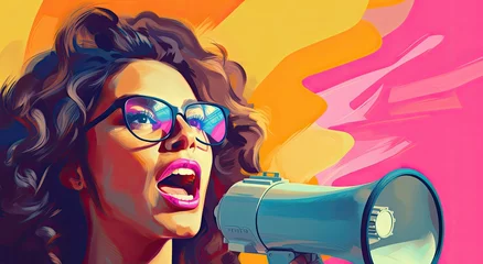 Möbelaufkleber Young woman with dark curly hair and pink glasses holding megaphone. Pop art style background or commercial  © Lars