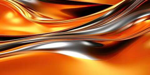 Silver and orange chrome metal fluid, waves, background 