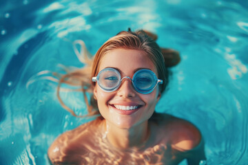 A young woman is swimming in the pool wearing swimming goggles. water sports, water treatments.