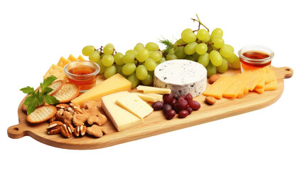 Very tasty cheese platter on a wooden board, grapes, crackers, dips, cheese board, isolated 