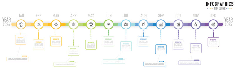 Obraz premium Timeline mind map infographic template or element with 12 months, step, process, option from 2024 to 2025, colorful circle, pin, tag, rectangle, journey, navigation for planner, sale slide, calendar