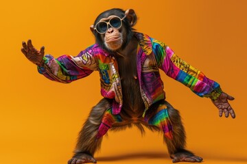 Monkey wearing colorful clothes dancing on orange background 