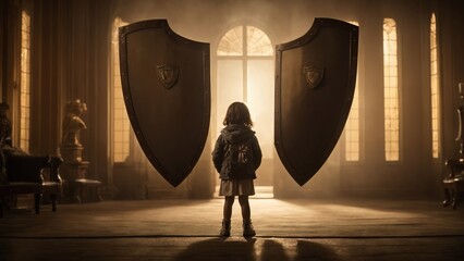 Child Protection - Octormber 1st world's children's day concept - A better future for children with protection - A child looking at a gate of protection shield - obrazy, fototapety, plakaty