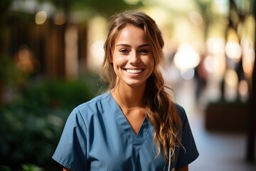 Portrait of a smiling young female nurse - obrazy, fototapety, plakaty