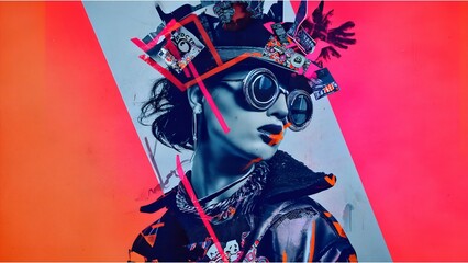Digital artwork featuring a woman's face adorned with vivid neon colors. Abstract elements and urban sensibility are fused together.
