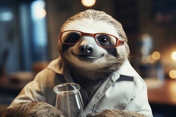 Funny sloth scientist in a laboratory.