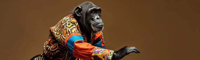 Monkey wearing colorful clothes dancing on brown background . Banner - obrazy, fototapety, plakaty