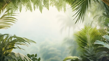 Tropical forest with palm trees and mist. Background with copyspace.