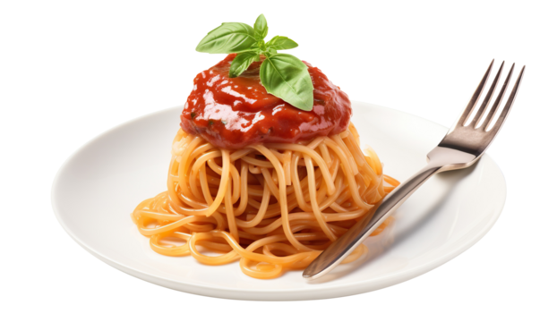Delicious pasta spaghetti with tomato sauce garnished with a fresh basil leaf, cut out