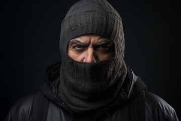 a mature, stern man in a balaclava. portrait. knitted black headdress covering the face.