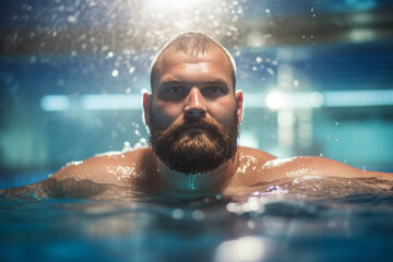 A bearded mature man is swimming in the pool. water sports, useful water treatments, physical education. - obrazy, fototapety, plakaty