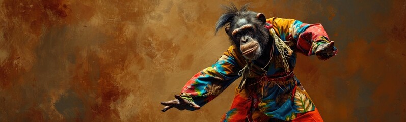 Monkey wearing colorful clothes dancing on brown background . Banner