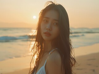 Portrait of a beautiful asian woman on the beach at sunset