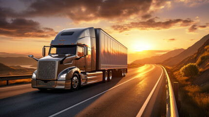 Obraz premium A semi-truck with a cargo trailer drives along the highway, transporting cargo in the evening. Delivery and logistics concept. Transportation of goods over long distances.