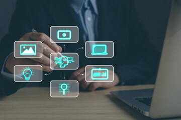 Man touch icon ai and use laptop, Marketers education, research, analyze media video streaming content creation and online marketing strategies to grow their digital business. Ai concept.