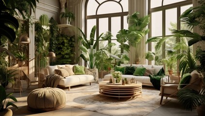 Fototapeta na wymiar an exotic living room interior decorated with many plants