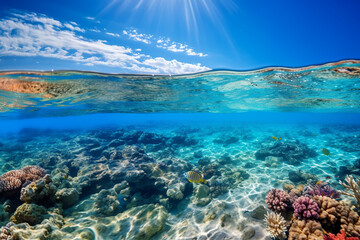 Fototapeta na wymiar Underwater and surface view over the sea and coral reef with tropical fish. Vibrant underwater and overwater views sea life, beach and sky on a sunny summer day.