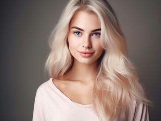 Naklejka premium Alluring Blonde Woman with Blue Eyes and a Gentle Smile