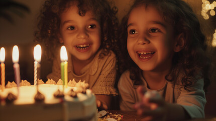 Obraz na płótnie Canvas Two joyful children with curly hair are smiling and looking excitedly at a birthday cake with lit candles.