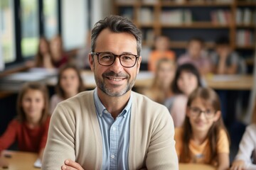 Male teacher standing in a classroom full of students - obrazy, fototapety, plakaty