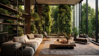 modern apartment with lush green plants - obrazy, fototapety, plakaty